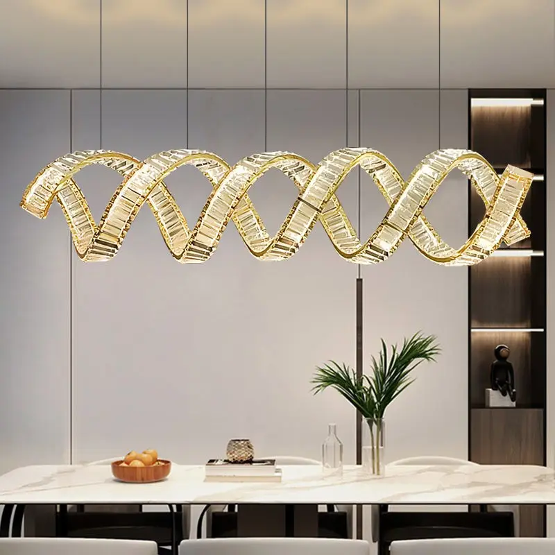 Modern, simple and light luxury, dining room, dining room, dining table, bar bar, long strip, luxury crystal chandelier