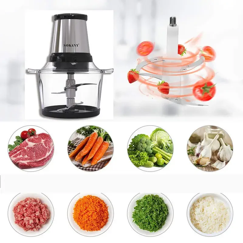 800W Electric Food Chopper, Food Processor 2L Glass Bowl Grinder for Meat, Vegetables, Nuts, Stainless Steel Motor Unit