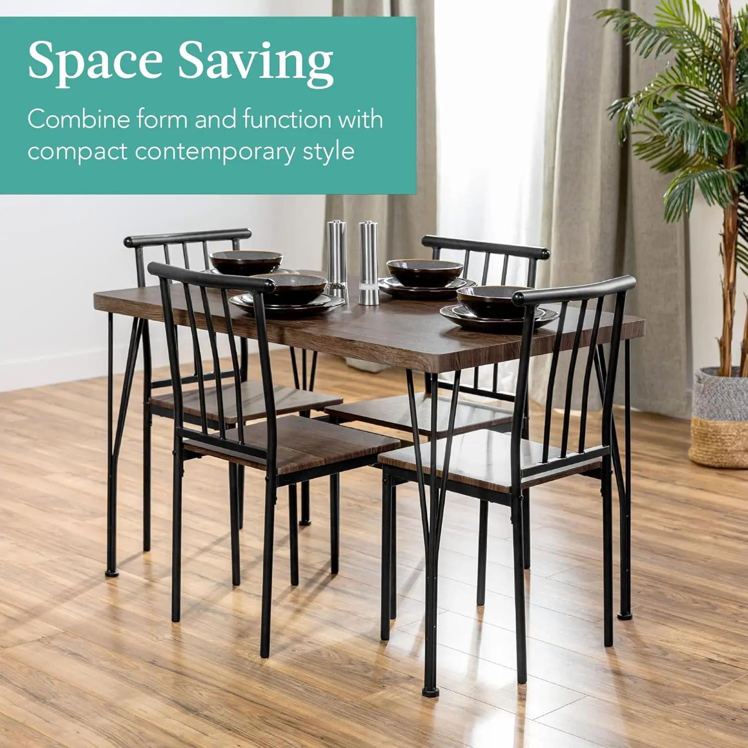 

5-Piece Metal and Wood Indoor Modern Rectangular Dining Table Furniture Set for Kitchen, Dining Room,Breakfast Nook w/ 4 Chairs