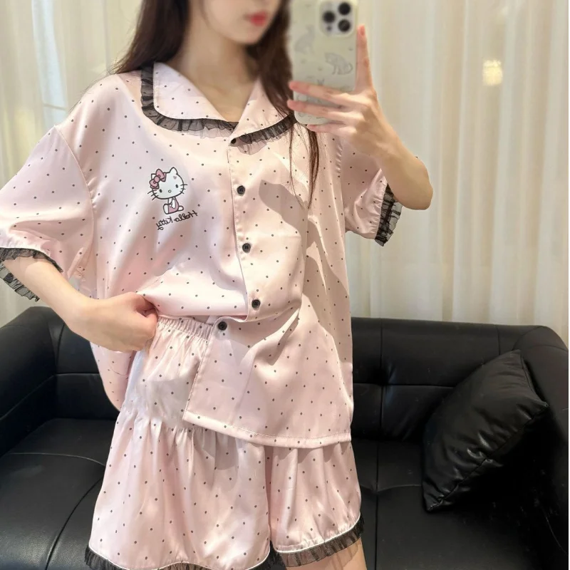 

Sanrio Hello Kitty Cute Pajama Woman Summer Sexy Sleepwear Short Sleeve Shorts Nightwear Women's Ightgown Home Clothes New Style