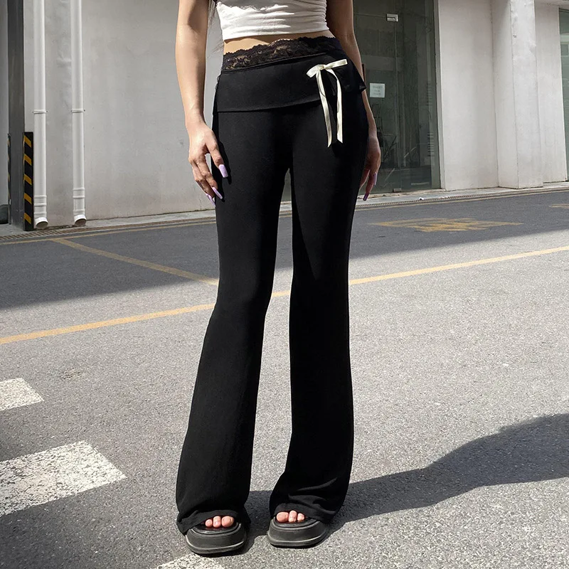 Lamuusaa y2k Flare Pants Women Lace Trim Bowknot High Waist Trousers Sweatpants Bottoms 2000s Fairycore Clothing Streetwear