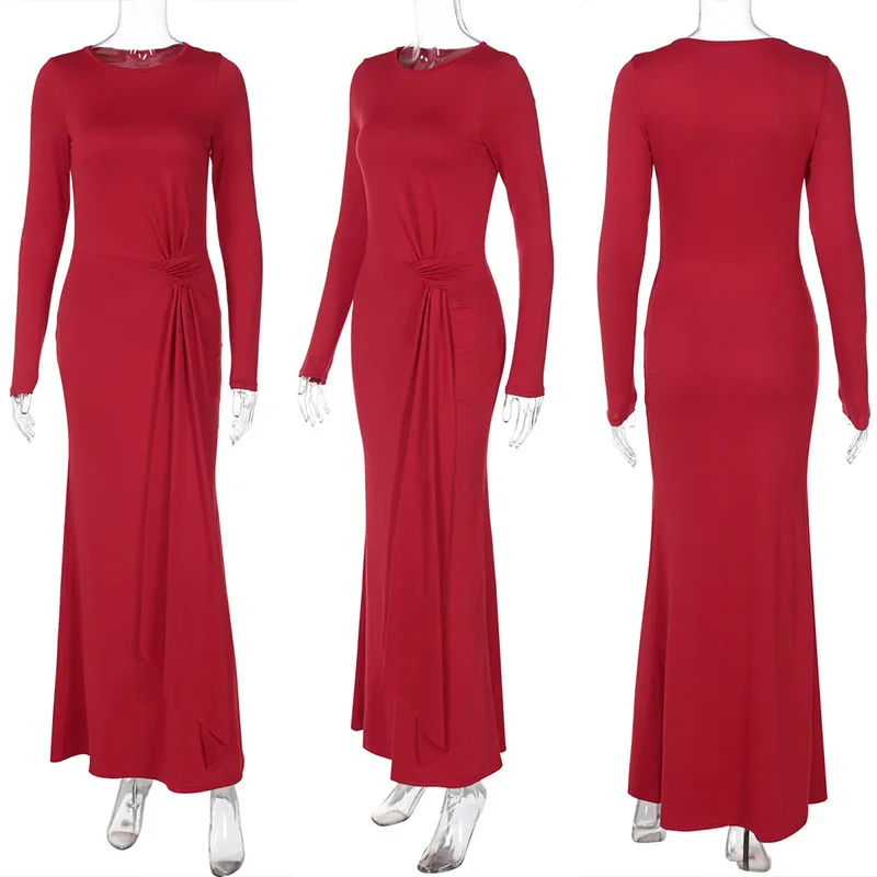 Solid Lange Mouw Bodycon Maxi Jurk Vrouwen Elegante Club Party Hoge Taille Ruches Lint Elastische Slanke Prom Verjaardag Jurken Gewaad