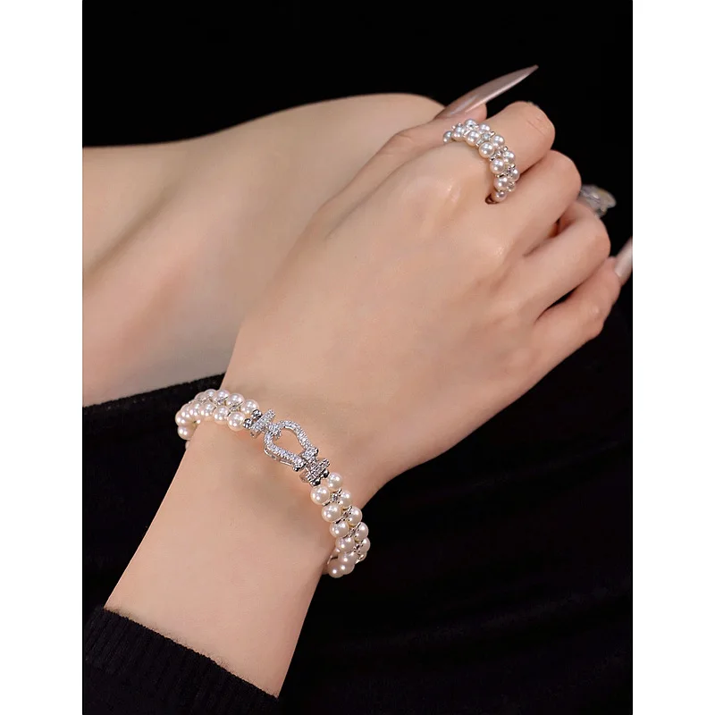 

French fashion feminine temperament pearl chain bracelet ring earring set, light luxury exquisite elegant high-end
