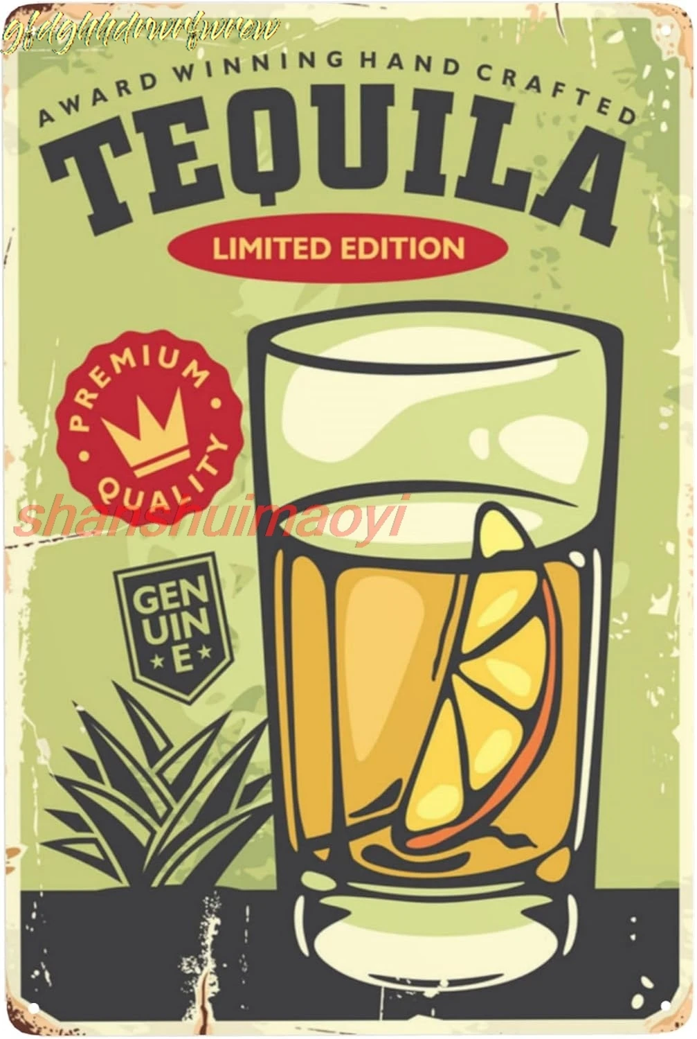 Glass of tequila with lemon slice vintage bar sign.Retro poster for one of most popular Mexican drinks Vintage Metal Tin Si sign