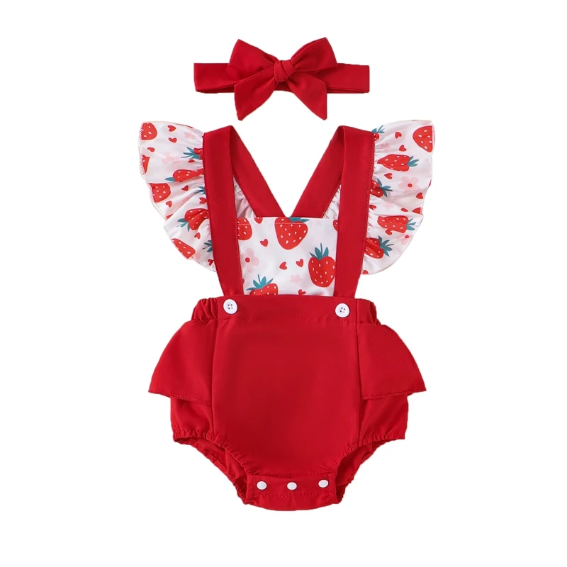 

Baby Girl Summer Outfit Strawberry Print Fly Sleeve Overalls Bow Headband 2 Piece Set for Infant Toddler