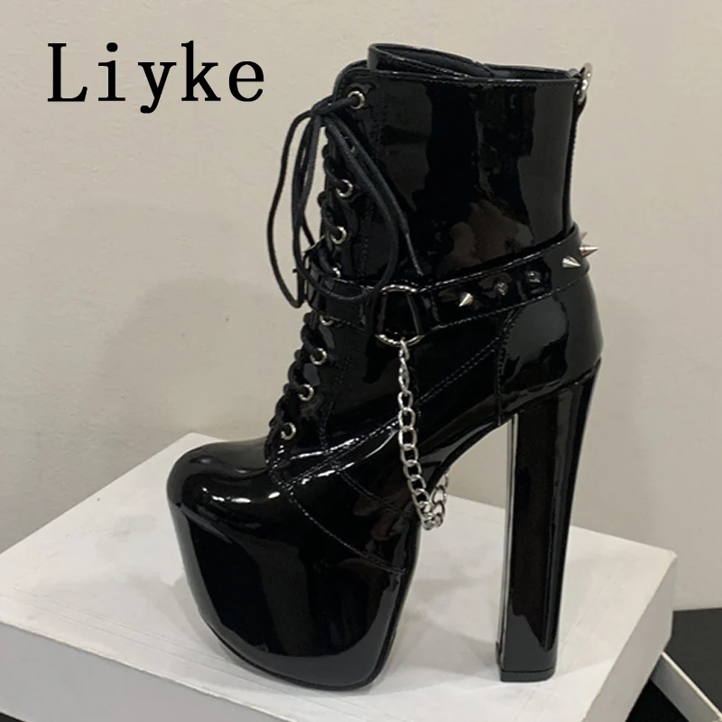 Liyke Autumn Winter Fashion Chain Lace Up Women Platform Boots Sexy Extreme High Heels Party Stripper Pole Dance Shoes Size 45