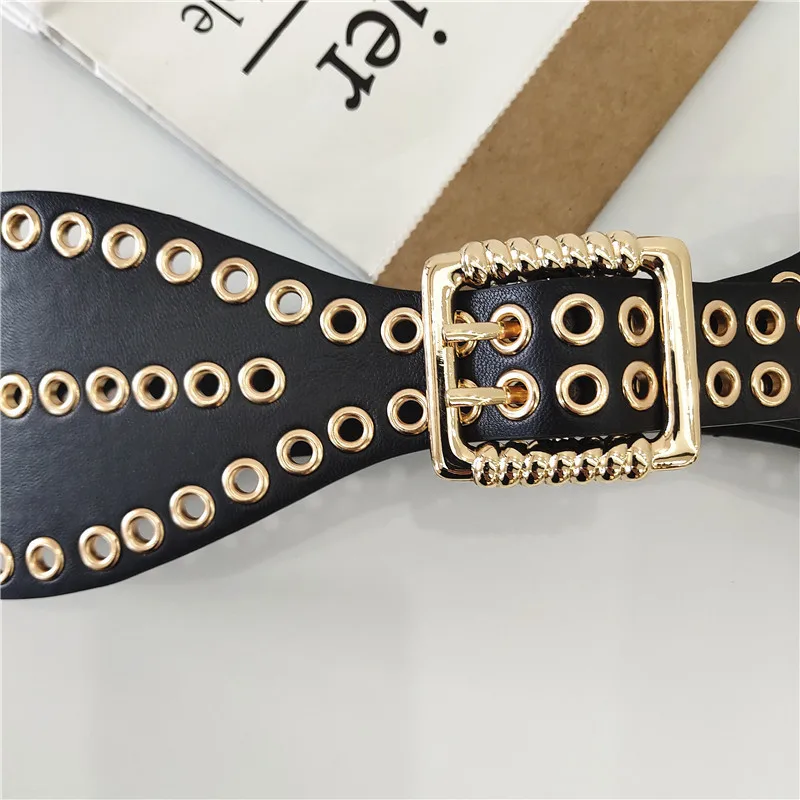 Female New Trendy Elegant Hollow Waist Band Metal Alloy Double Pin Buckle Women Fashion PU Leather Belt