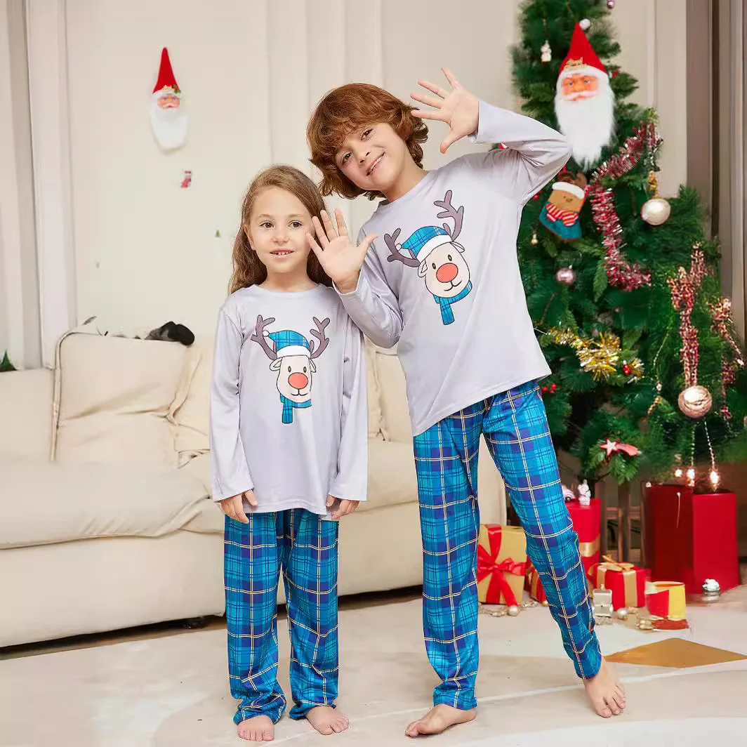 2024 new Christmas cartoon deer head blue plaid round collar long sleeve parent-child outfit a family of four home wear 2 sets