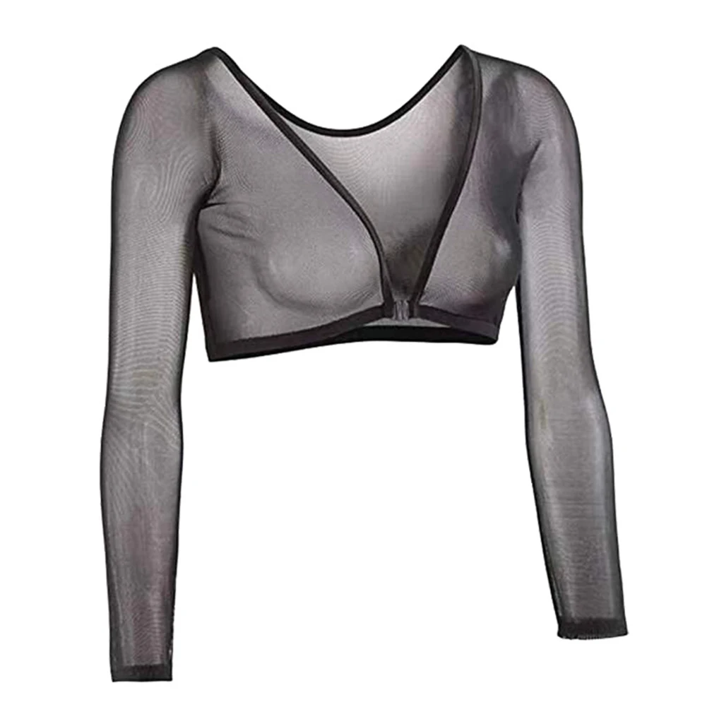 For Layering Mesh Long Sleeve Women Crop Top Black Lightweight Breathable Four Seasons 90 Polyester 10 Spandex