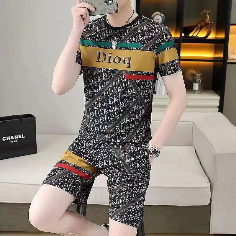 Fashion Short-sleeved Two-piece Summer Casual New Men's Suit T-shirt Shorts Youth Breathable Handsome Floral Tracksuit