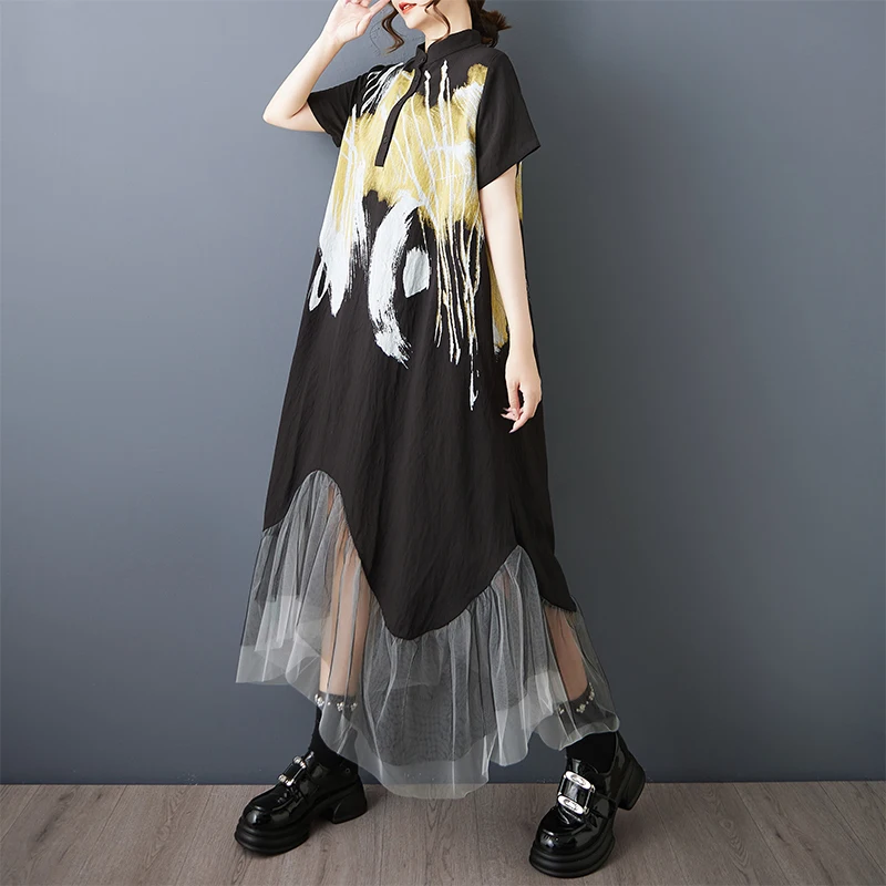 Estate nuovo allentato di grandi dimensioni stampato Me Splice Casual Sweet ort Sve irt Dr sopra il ginocchio misto cotone poliestere Dr