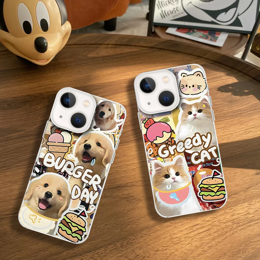 Greedy Cat Dog Burger Day Couple Transparent Soft TPU Silicone Phone Case For iPhone 16 11 12 13 14 15 Pro Max