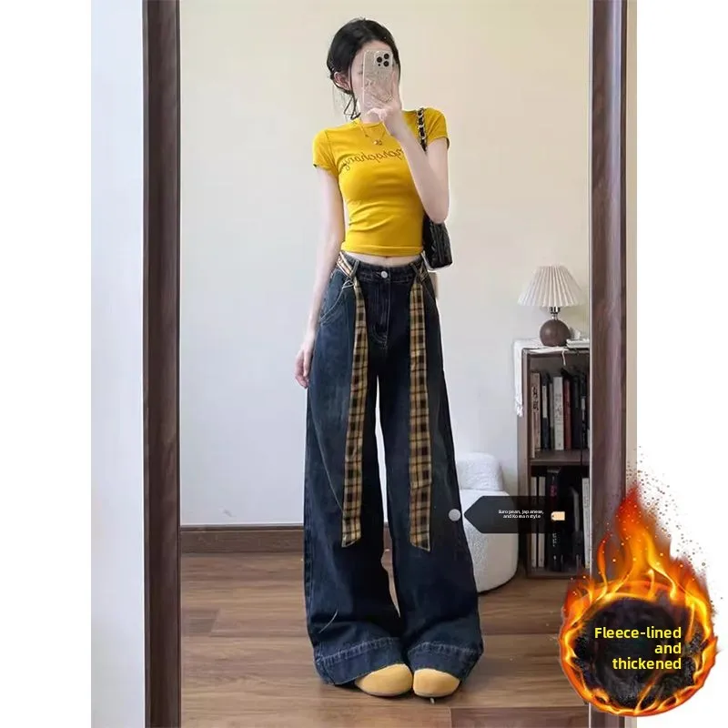 

Waed Vintage Bla ey Wide Leg Denim Jeans Women's Autumn Winter New Knot Belt Loose Slim Straight Long Pants