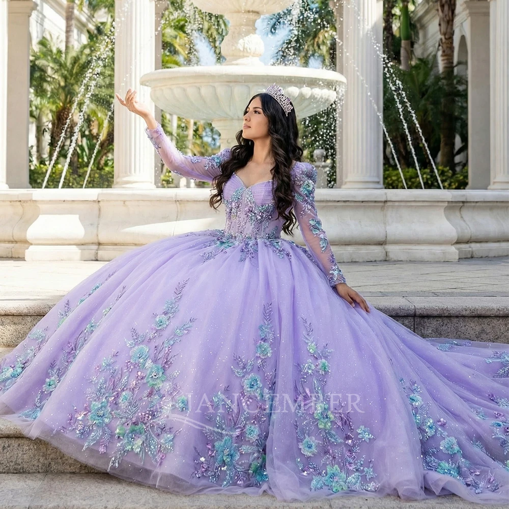 

Chic Quinceanera Dress Illusion Long Sleeves Rhinestones Scoop Vestido De 15 Quinceaneras Morado Customized Court Train DY6762-1