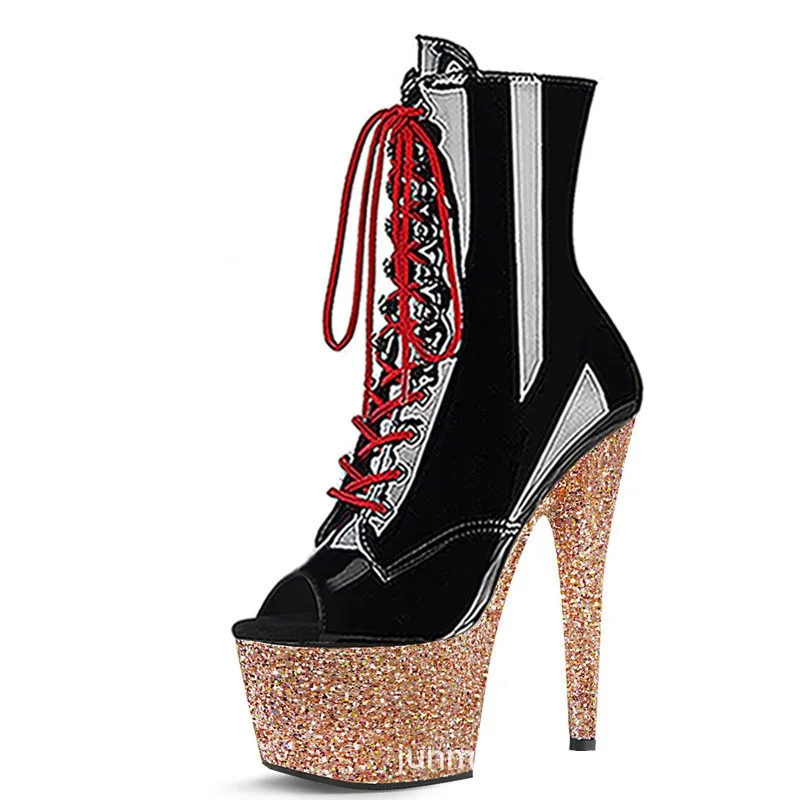 Open-toe sequin soles wrapped in 17cm high-heeled party shoes, model nightclub stage 7-inch high-heeled dance shoes