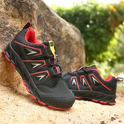 Zapatos de senderismo para niños, zapatillas de goma antideslizantes, impermeables, para exteriores, escalada de montaña, color negro y rojo, gran oferta