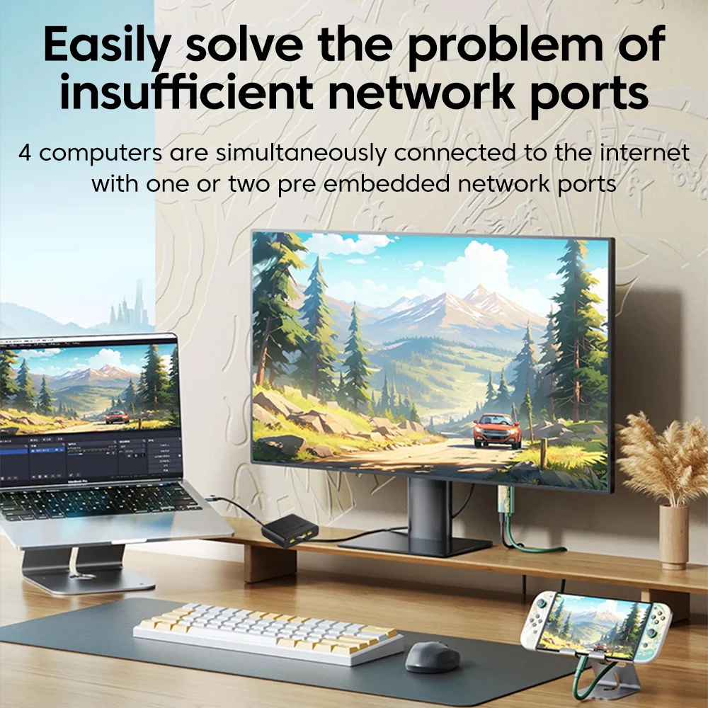 100/1000Mbps Gigabit Ethernet ประสิทธิภาพสูงสมาร์ท 5 พอร์ตเชื่อมต่อเครือข่ายสําหรับสาย USB RJ45 Splitter Adapter สํานักงาน