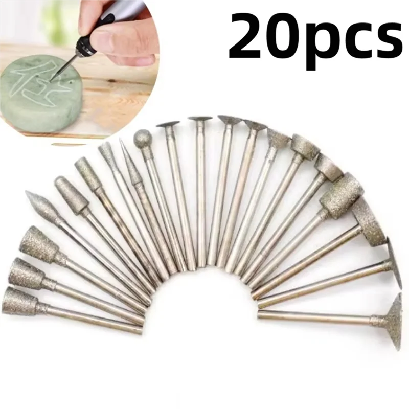 M11K-Diamond Grinding Burr 20Pcs 3Mm Shank Point Engraving Carving Polishing Glass Jade Stone Drill Bit Rotary Tool Set