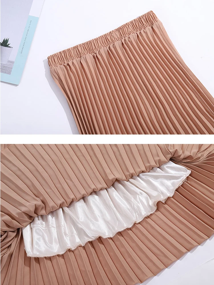 Womens Chic Pleated Swing Long Skirt with Liner Korean Fashion Kawaii Elastic High Waist OL Chiffon Shirring Mermaid Skirts K77