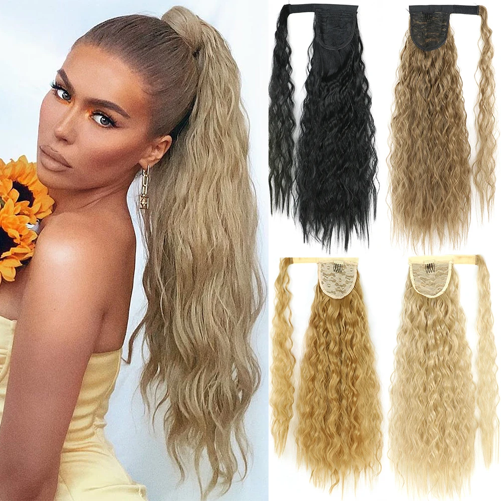 

55 85cm Synthetic Long Corn Wavy Ponytail Hairpiece Wrap on Hair Clip Brown Blonde Hair Extensions Curly Pony Tail