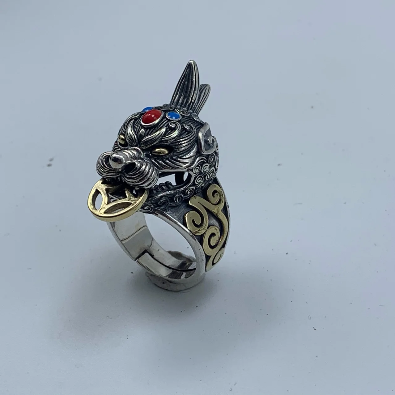 

Chinese style pixiu ring for men, sterling silver s925retro domineering copper coin opening trendy hand accessories