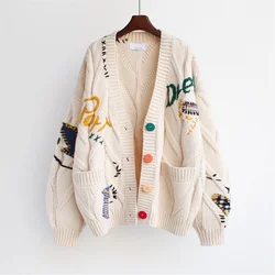 Knitted Cardigan Women's Sweater Warm Long Sleeve Top Embroidery Letter Pocket Cardigans Coat Autumn Winter Loose Sweaters