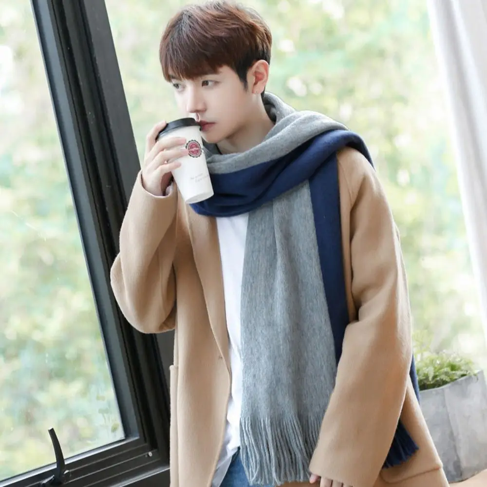 Fashion Korean Style Men Cashmere Scarf Thickened Splicing Color Long Wool Tassel Scarf Warm Soft Winter Neckerchief Women/Male