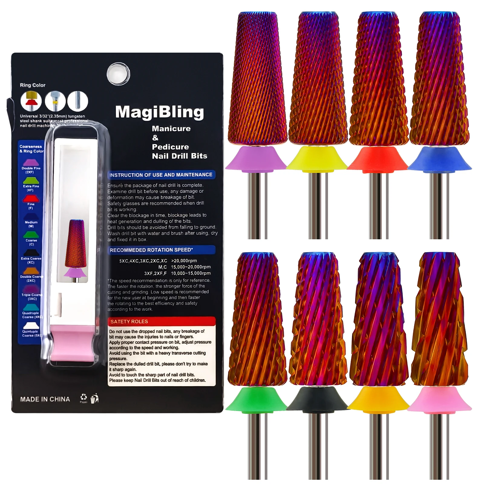 

Сверла для ногтей MagiBling, вольфрамовая коническая бочка, правая и левая рука, акриловый резак, инструмент для удаления геля, маникюрный инструмент 3/32 дюйма