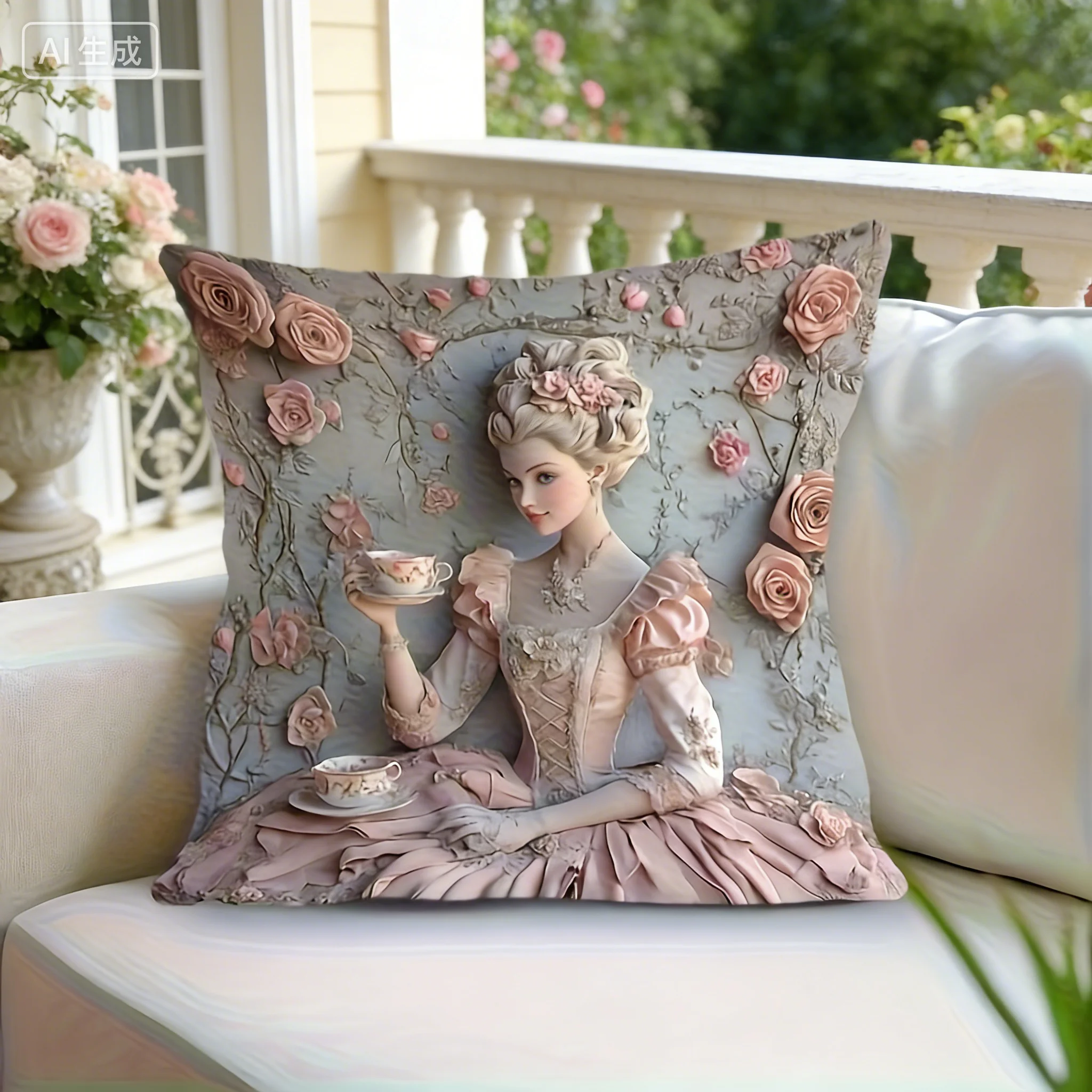 Funda de Almohada Vintage Estilo Rococó Francés, Estampado Floral de Rosas 2D, Estilo María Antonieta, para Sofá, Cama, Sillón, de Lujo