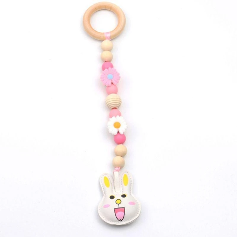 

J15U 3Pcs/Set Baby Cartoon Gym Frame Pendants Threaded Wooden Beads Silicone Flowers Hanging Teether Molar Infant Room