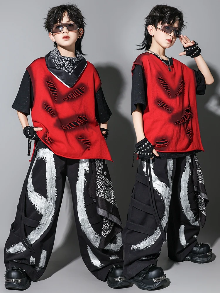 Summer Boys Jazz Dance Costume Hip Hop Locking Performance Clothing Fashion Red Hole Vest Baggy Pants Teenager Street Suit 16320
