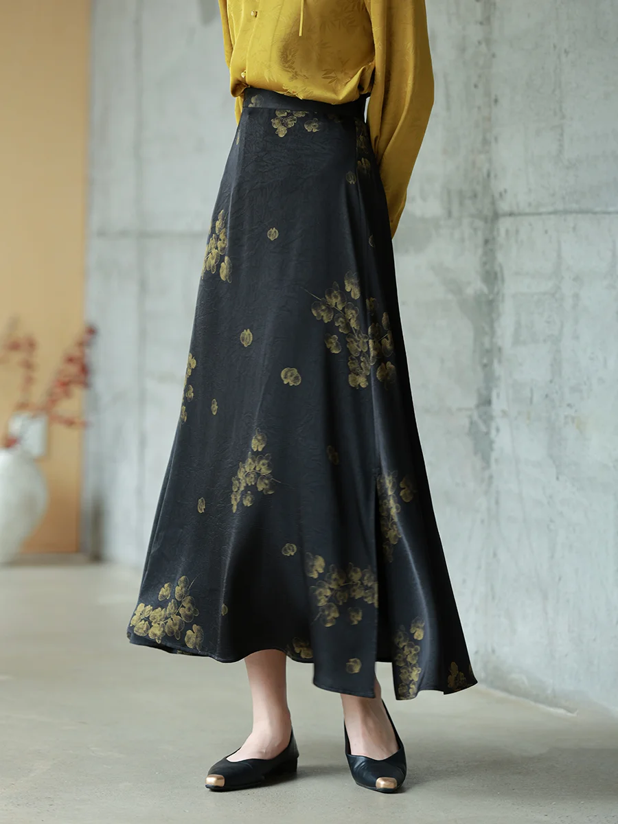 

Новая китайская юбка Sle f, женская длинная юбка трапециевидной формы с национальным винтажным принтом, дрейфующая юбка из искусственного уксуса, повседневная высокая...