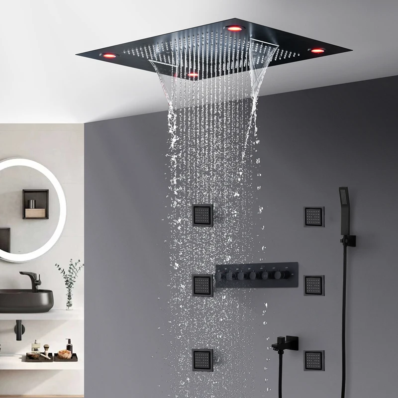 

Matt Black LED Recessed Ceiling Shower Faucets Set High Flow Massage Thermostatic System bathroom Large Rain Waterfall 600x800mm