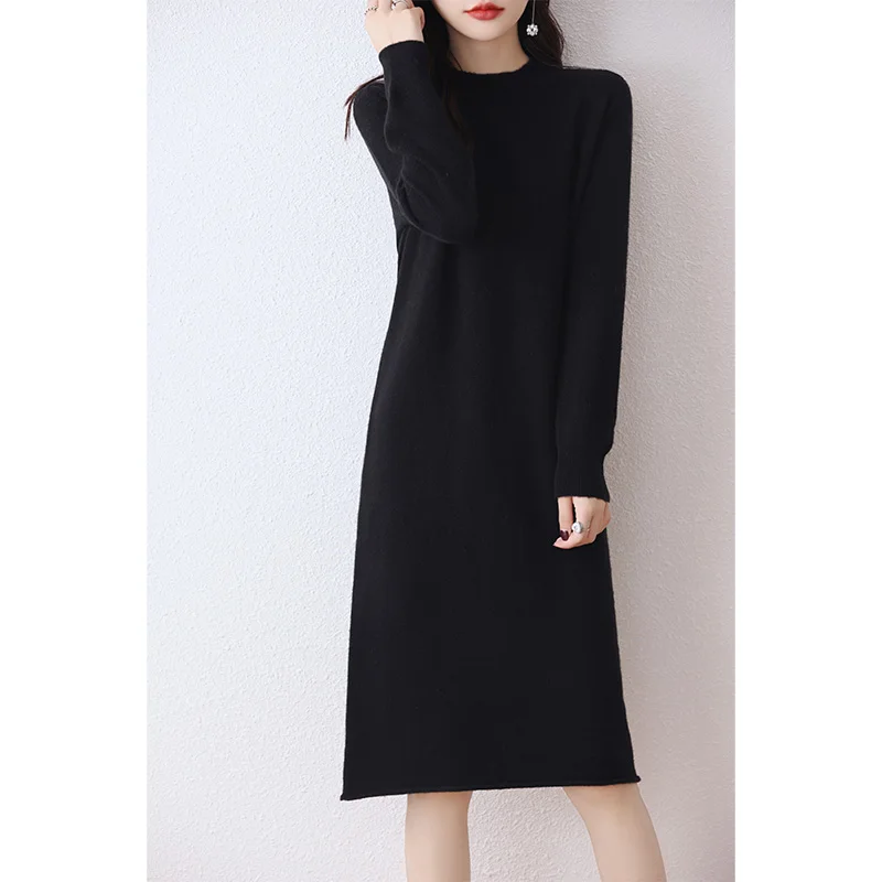 Hot Sale 100% Pure Wool Longer Dresses For Women 2023 Fashion Cashmere Sweaters Hot Sale Long Style Pullovers 6Colors Jumpers DR