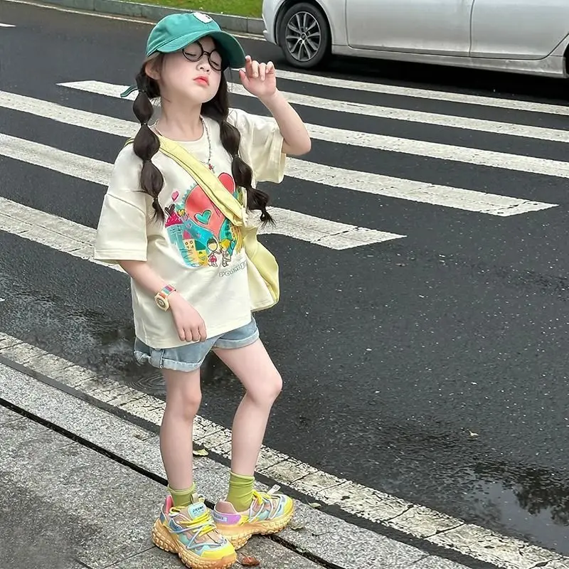 Children's Summer T-Shirt Apricot 100% Cotton Short Sleeve Big Kids Loose Fresh Cute Princess Style Trendy Casual Top for Girls