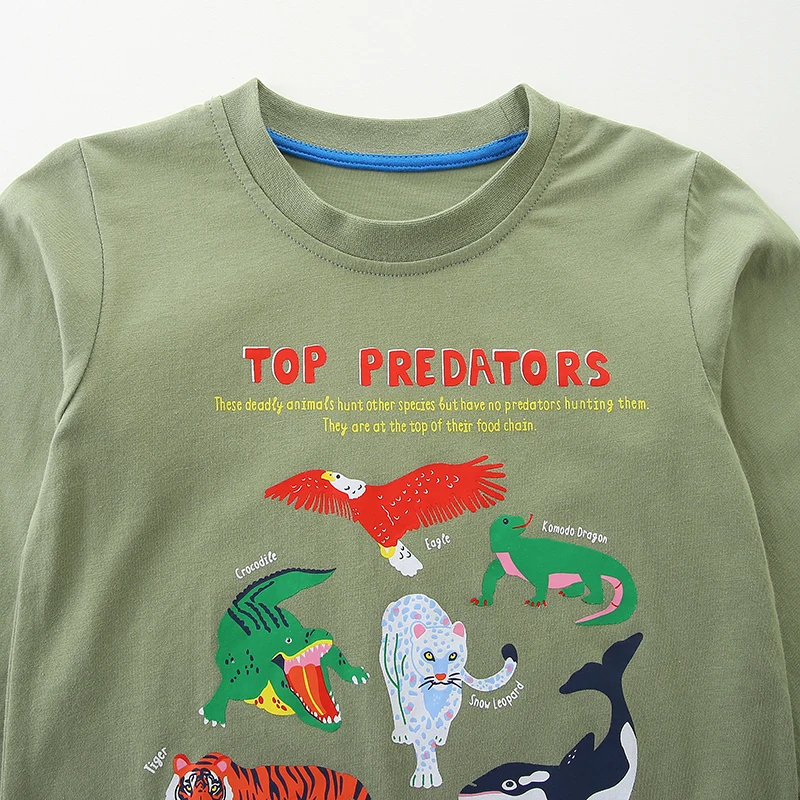 تي شيرت للأولاد بأكمام طويلة باللون الأخضر الزيتوني - مع طباعة "Top Predators" (النمر، القرش وما إلى ذلك) - مناسبة للأعمار 2-7 سنوات