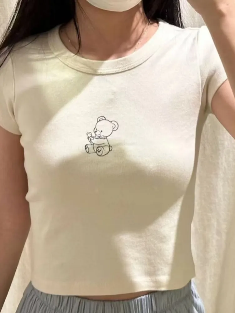 Casual Women Cotton Beige Slim Tees 2023 Summer Fashion Ladies Vintage O Neck Short Sleeves Female Bear Cartoon  Printed Tops