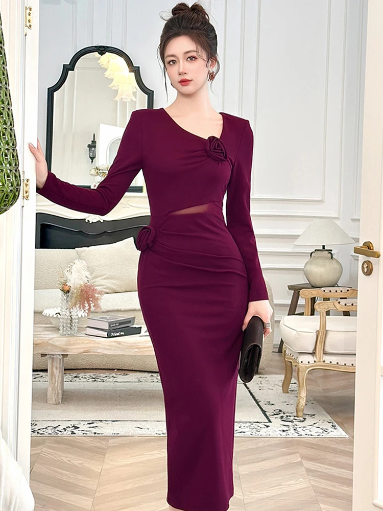 ヴィンテージシックなミディ丈シースドレス、女性用、エレガントなカットアウトウエスト、3Dローズ装飾、パーティードレス、イブニングフォーマル、集まり用ドレス