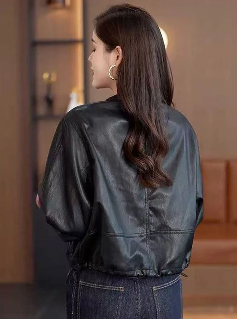 Chic Black Women Faux Leather Jacket Zip Up Lapel Collar Drawstring Hem Loose Oversized Pockets Streetwear Moto Outerwear Top