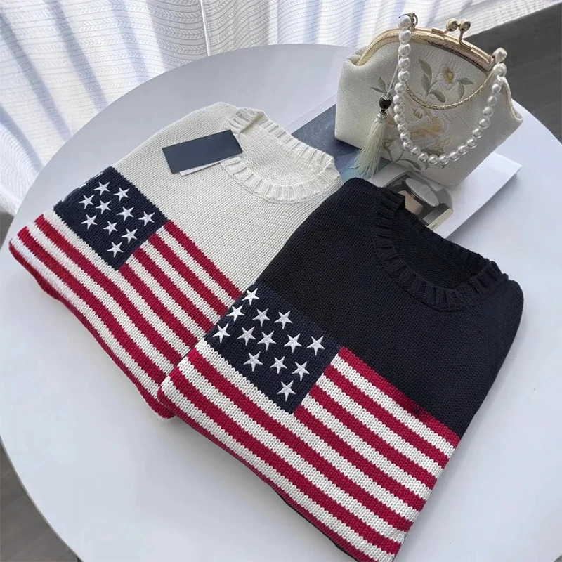 Mode Hoge kwaliteit Amerikaanse vlag Borduren Lange mouw Casual losse gebreide trui Y2K Mannen Vrouwen Veelzijdige Trendy Streetwear