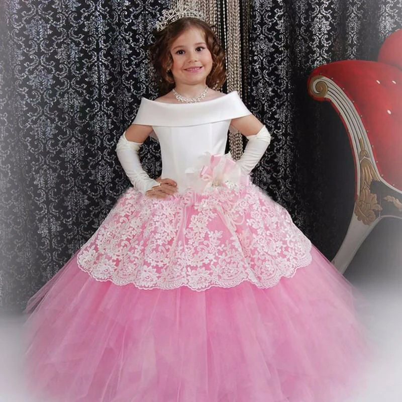 

Vintage Flower Girl Dresses White Satin Pink Puffy Toddler Ball Gown Communion Girl Frock Design Abiti Da Comunione Vestido