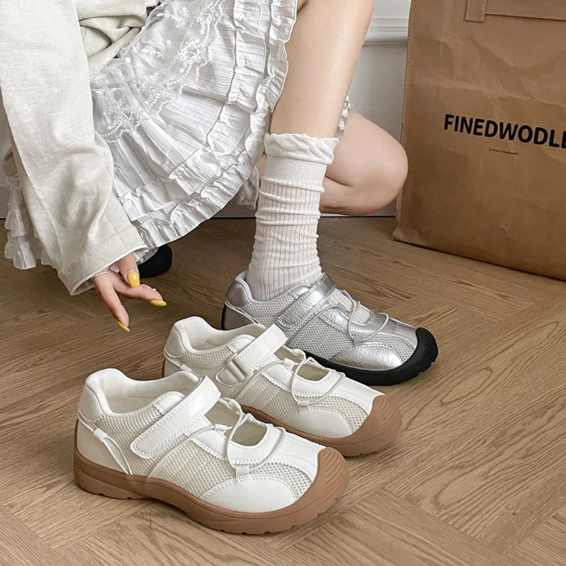 

Vintage Mesh Mary Jane Velcro Sneakers Women Rubber Flat Trainer Breathable White Silver Soft Shoes Light Summer Ladies Footwear