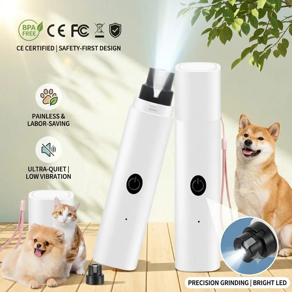 Electric Pet Nail Grinder for Dogs Cats, Quiet Claw Trimmer with LED Light & Safety Guard, Rechargeable Puppy Nail File Painless