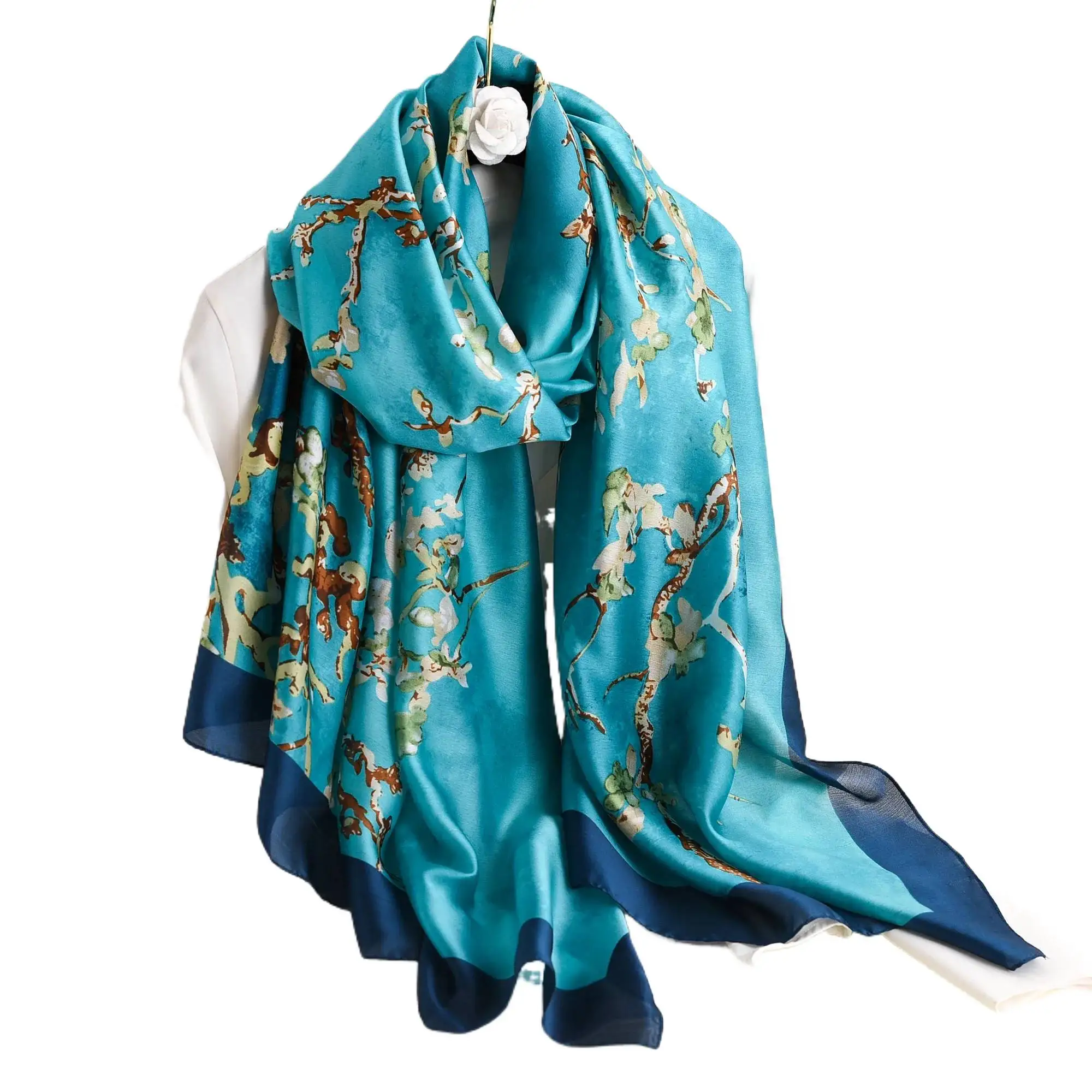 

90x180cm Fashion Woman Silk Feeling Scarves Satin Plum Blossom Long Scarf Wrap Ideal Choice for Gifts
