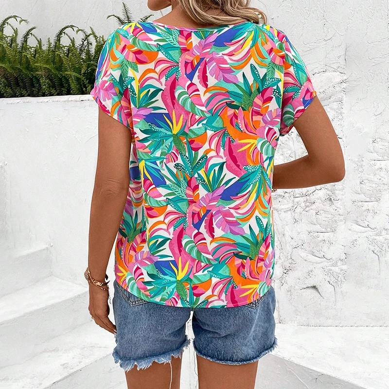 Hawaiian blouse Ladies Advanced Breathable crew-neck fashion Summer short sleeve High Street Korean beach style feminine eleganc