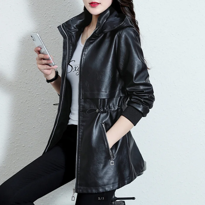 PU Leather Jacket for Women, Motorcycle Overcoat, Lace-Up, Slim Long Leather, Windbreaker Coat, Female Outwear, Spring, Autumn