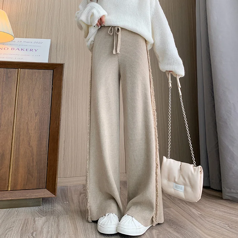 

Knitted Wide-Leg Pants Women's Outer Wear Autumn and Winter Side Fringe Warm Straight Long Pants Drape Casual Trousers LJ814