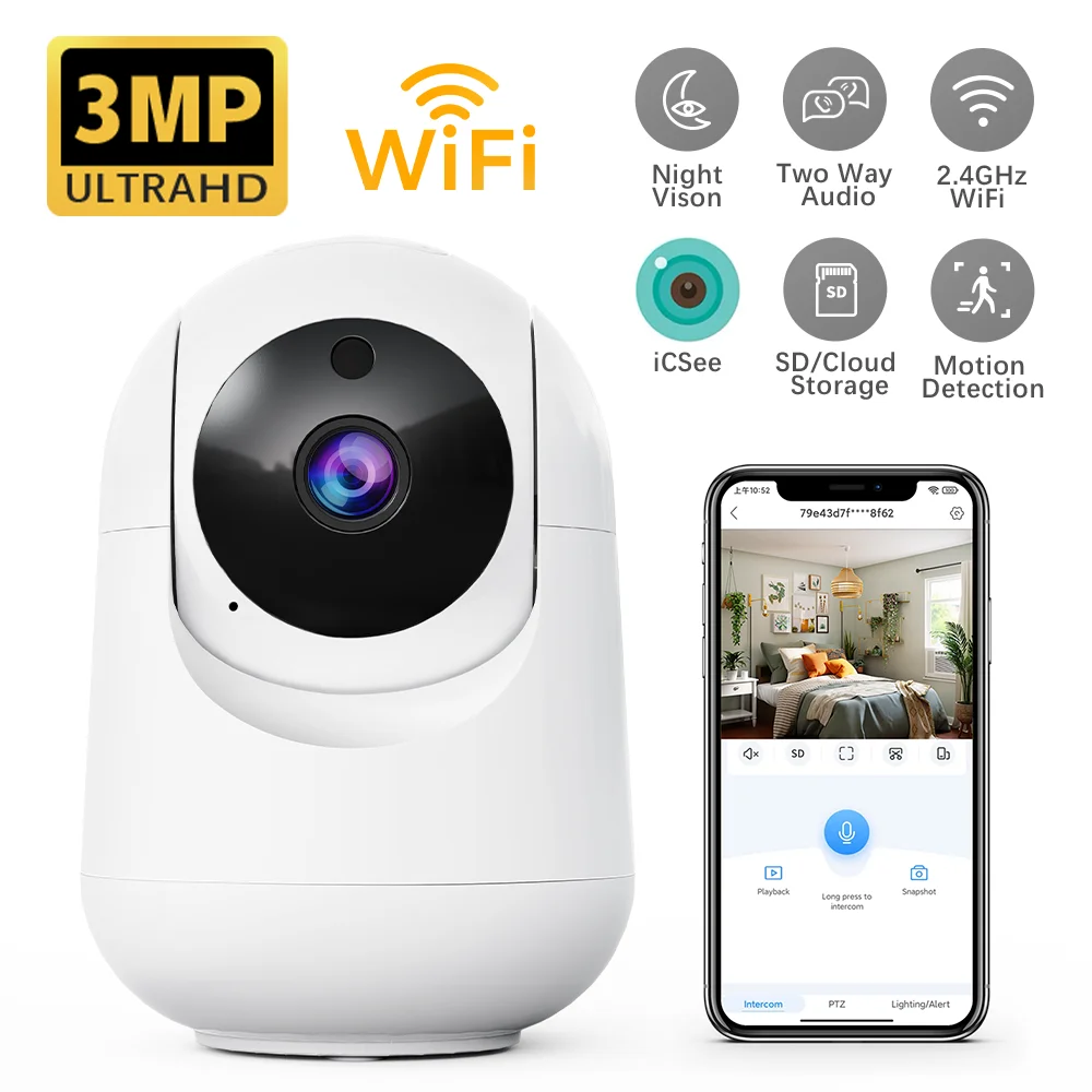 

3-мегапиксельная Ultra HD Wi-Fi камера безопасности, внутренняя PTZ-камера с панорамированием и наклоном, домашняя камера наблюдения с ночным видением, двустороннее аудиообнаружение движения