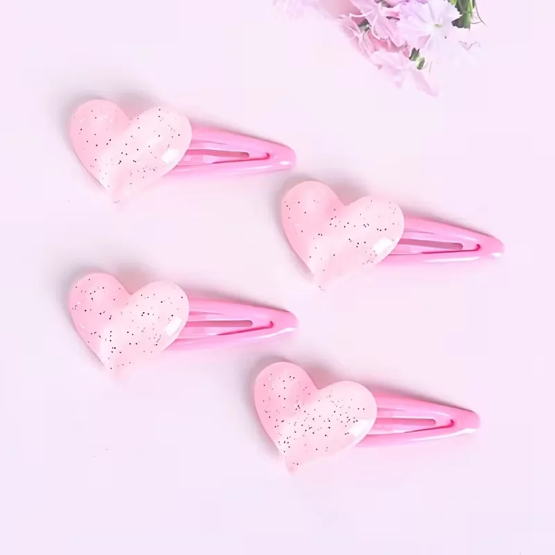 4-teiliges Set Herzförmige Haarspangen aus Kunstharz, Niedliche Y2K-Style Einfarbige BB-Haarklammern für Damen, Valentinstag-Geschenk – Detail 3