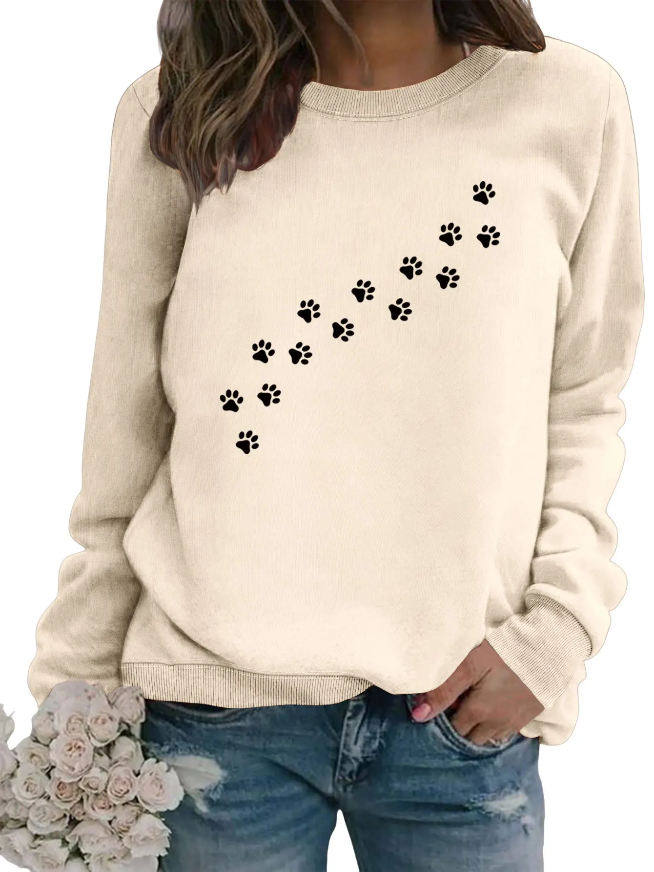 Autumn and winter new long-sleeved hoodie dog footprints print loose casual crew-neck fashion top